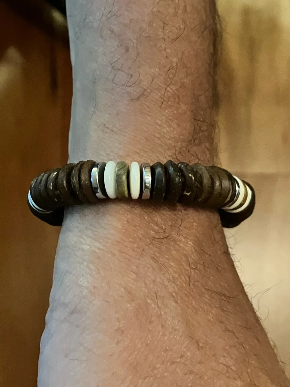 Men's Bracelet Wood (7 in a row), Gemstones, Hematite + stone beads